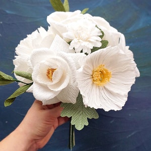 White Handmade Crepe Paper Flower Bouquet Bridal, Anniversary, Memorial, Birthday image 4