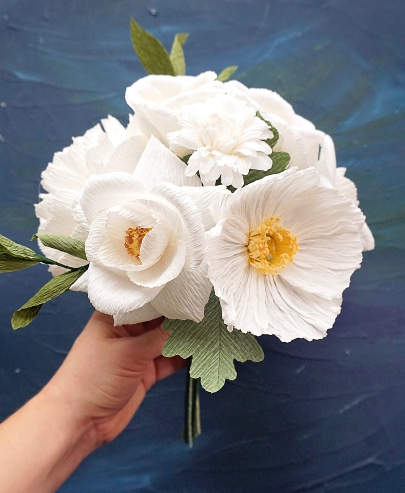 White Handmade Crepe Paper Flower Bouquet Bridal, Anniversary, Memorial, Birthday image 4
