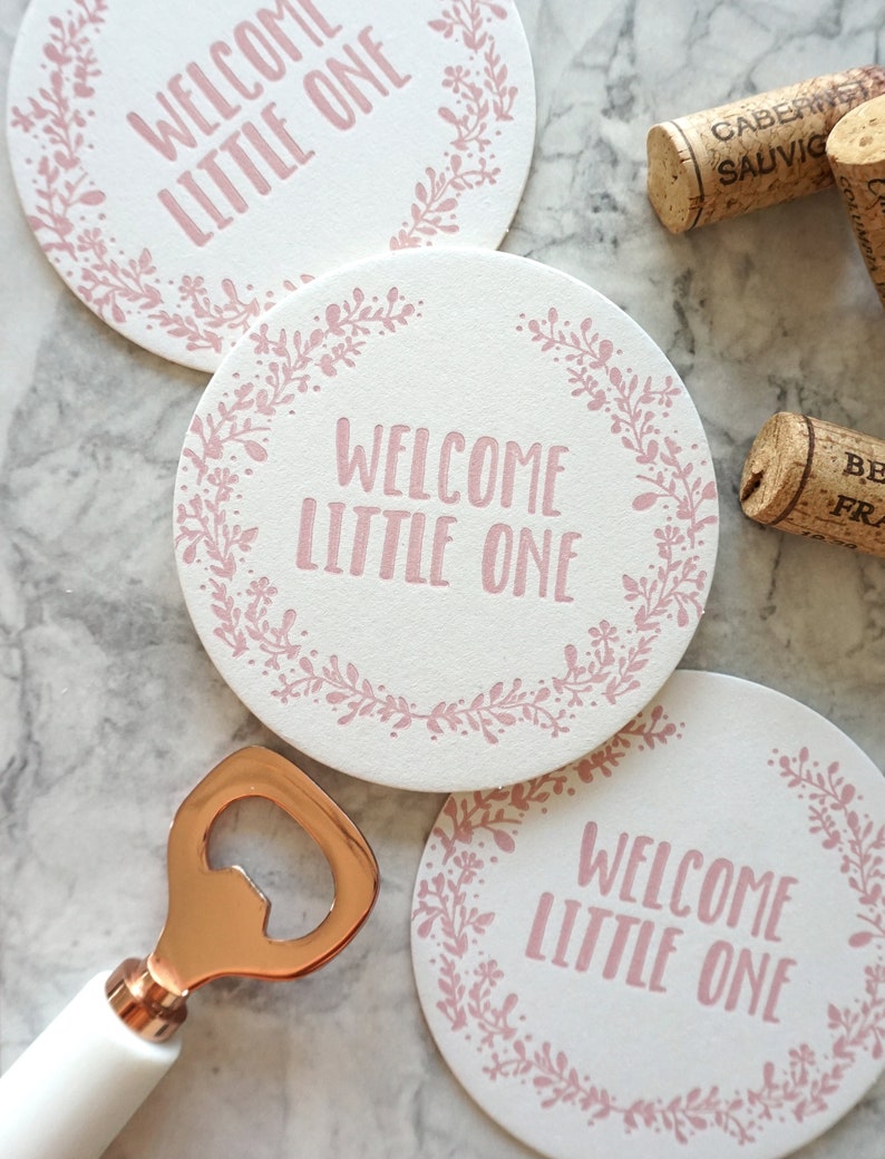 Set of Eight Welcome Little One Letterpress Coasters image 1