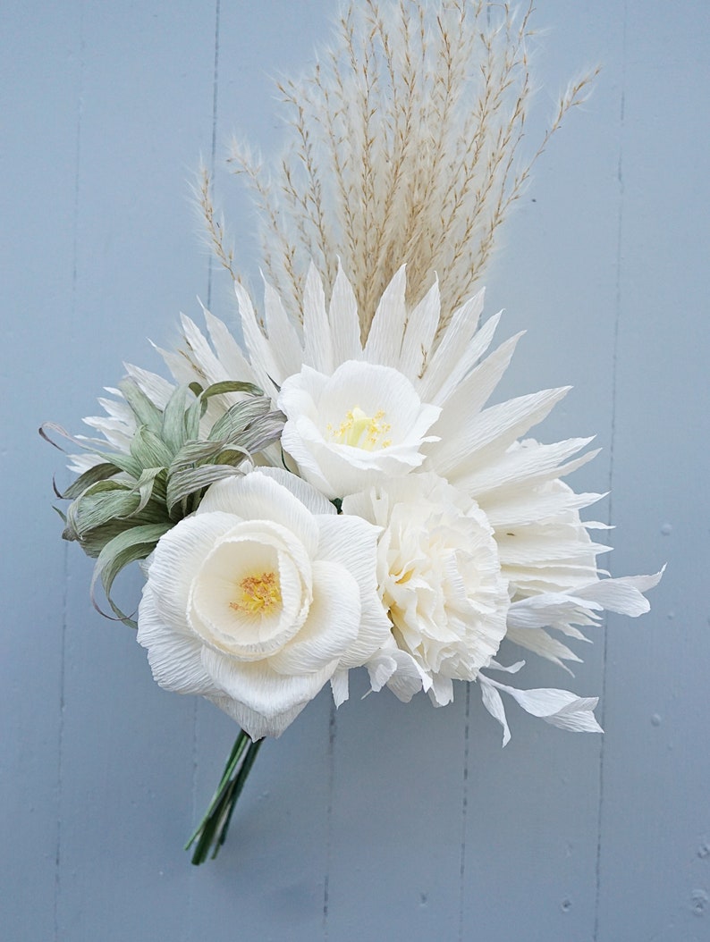 White Handmade Crepe Paper Flower Bouquet Bridal, Anniversary, Memorial, Birthday image 9