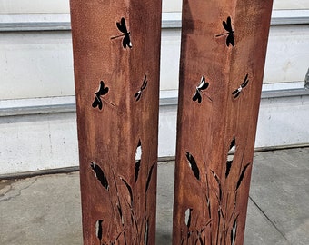 lighted Garden Column,steel, metal art,outdoor decor,garden art,lighted column,dragon flys