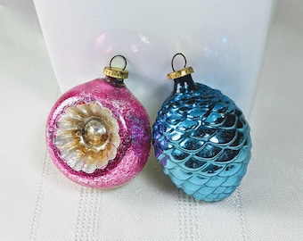 Vintage Feather Tree Ornaments Set of 2 Antique Mercury Glass Blue Pine Cone Pink Indent Christmas Decorations 1950s Japan Great Condition