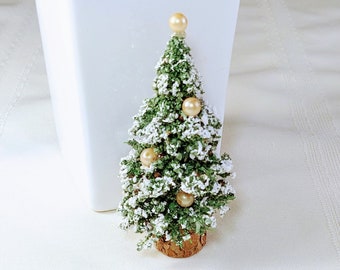 Vintage Bottle Brush Tree for your Christmas Village Decorated with Flocked Snow and Glowing Pearl Bead Ornaments Putz Style 1950s Retro