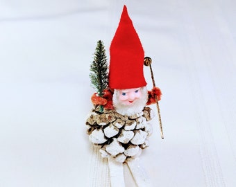 Vintage 1950s Dwarf Pixie Gnome Elf Pinecone MCM Christmas RARE Skier Ornament Japan Holiday Decor Chenille Pipe Cleaner Retro Bisque Cute