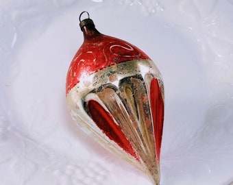 Mercury Glass Teardrop Parachute Ornament - Stunning Larger Blown Glass 1930s German Ice Cream Cone Red Gold Unusual - Rare Shape 4" Tall