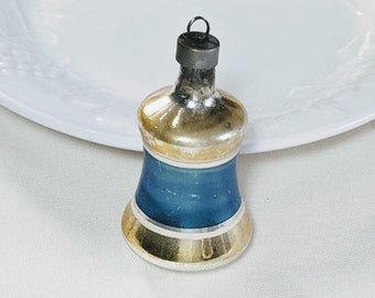 Vintage Corning Ornament - Blue Gold Striped Christmas Bell Decoration 1940s made in USA Premier Corning Hard to Find Shape