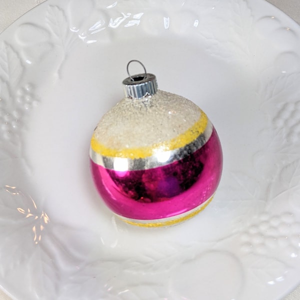 Magenta Pink Shiny Brite Heavy MICA Striped Vintage Ornament Retro 1950s Christmas Ball Decoration 2 1/2" Silver Pink White Yellow Pretty