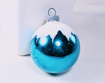 Shiny Brite Mica Snowcap Vintage 2 1/2" Ornament Pretty Mercury Glass Antique Christmas Decoration in Bright Blue Great Patina Snow Cap Mica