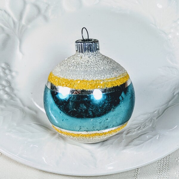 Shiny Brite Heavy MICA Blue Yellow Striped Vintage Ornament Retro 1950s Retro Christmas Glass Ball Decoration Frosted Excellent Condition