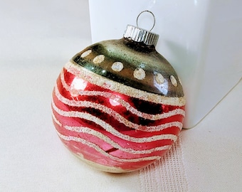 Rare Patriotic Shiny Brite Mica Vintage Ornament Retro 1950s Christmas Ball Decoration Red White Blue Stars Wavy Stripes Patriotic USA