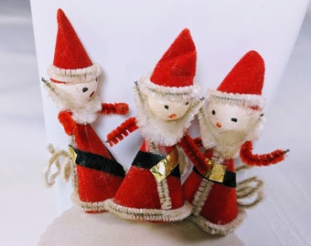 Vintage 1950s Santa Elf Ornaments - Tiny Christmas Feather Tree Package Decorations Spun Cotton Chenille Set of 3 Japan Pipe Cleaner Tie On