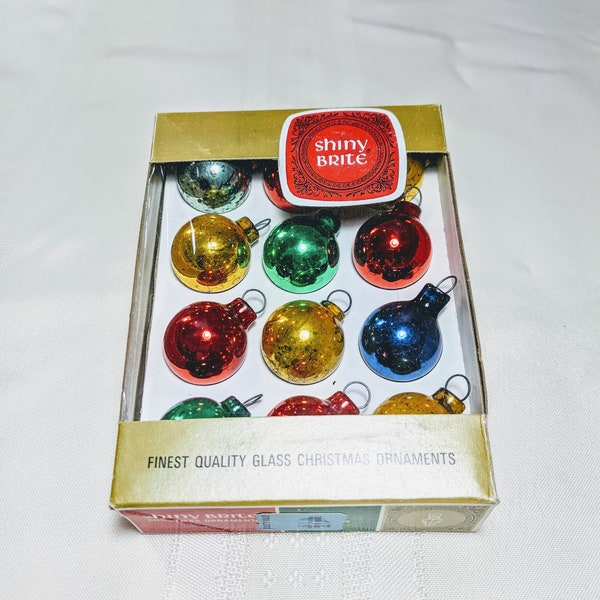 Vintage Shiny Brite Feather Tree Ornaments - Boxed Set 12 Assorted Colors Tiny 1" Glass Balls Multicolor Blue Gold Green Red Navy