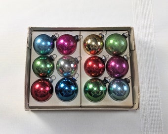 Vintage Shiny Brite Feather Tree Ornaments Complete Boxed Set of 12 Assorted 1" Blown Glass Balls Metal Caps Orig Box No Lid Multicolor