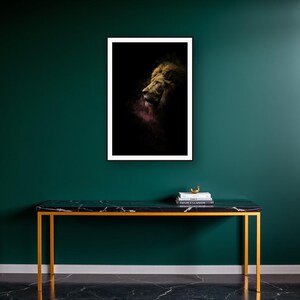 Lion Wall Art art print on a brass and black console vignette