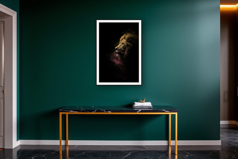 Lion Wall Art art print on a brass and black console vignette