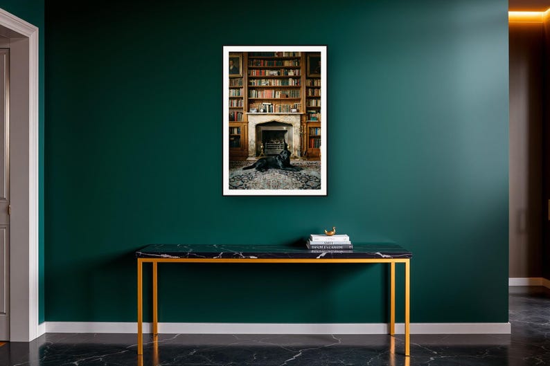 Black Labrador Wall Art art print on a brass and black console vignette