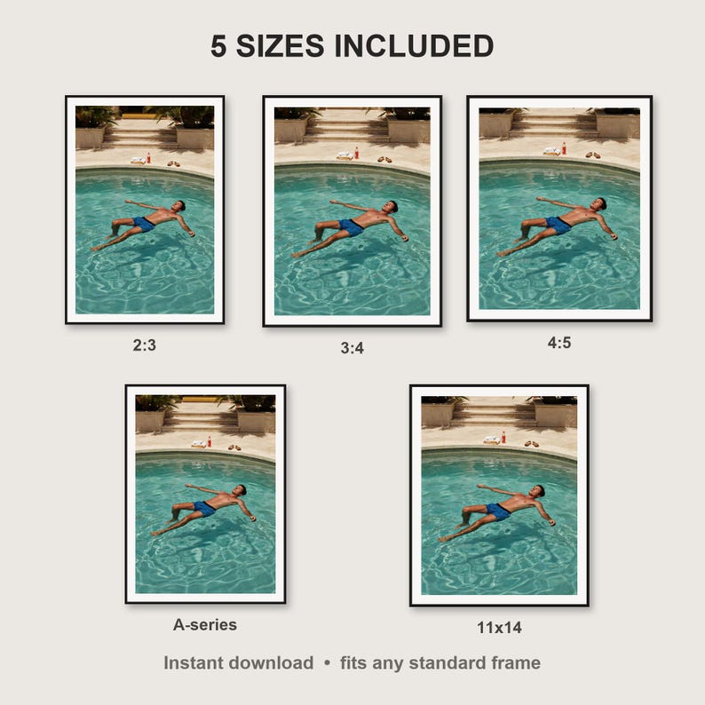 Pool Float Wall Art print size chart - 5 ratios included: 2:3, 3:4, 4:5, 11x14, ISO A