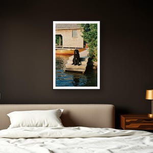 Newfoundland Dog Wall Art art print framed in a dark luxury bedroom