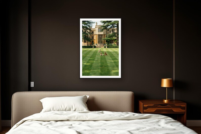 English Setter Wall Art art print framed in a dark luxury bedroom