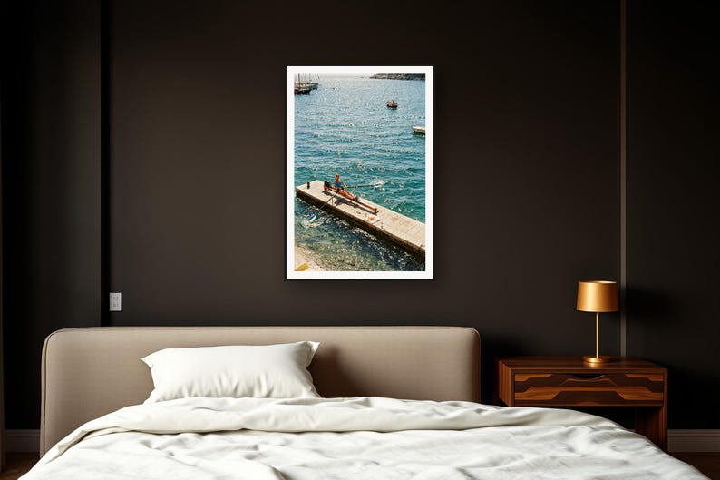 Rowing Wall Art art print framed in a dark luxury bedroom
