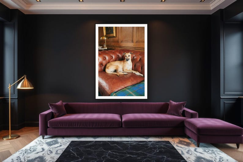 Whippet Wall Art art print framed in a luxury living room