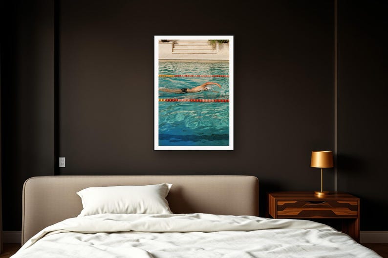 Swimmer Wall Art art print framed in a dark luxury bedroom