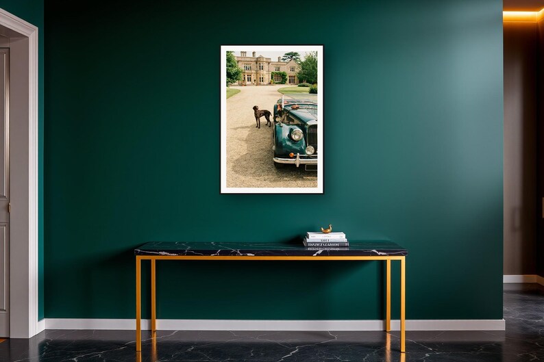 German Shorthaired Pointer Wall Art art print on a brass and black console vignette
