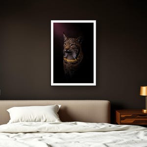 Lynx Wall Art art print framed in a dark luxury bedroom