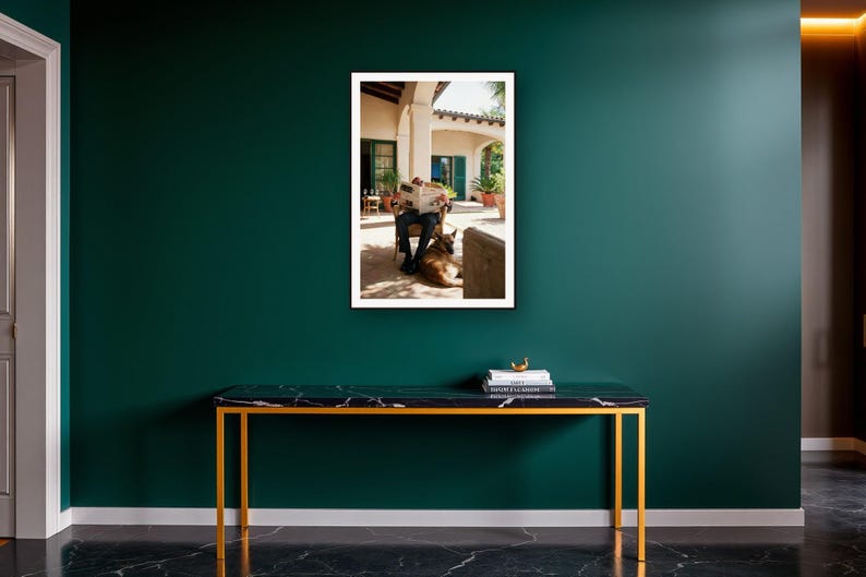 Belgian Malinois Wall Art art print on a brass and black console vignette