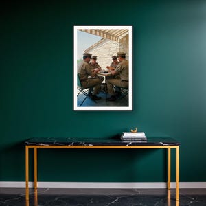 Military Wall Art art print on a brass and black console vignette