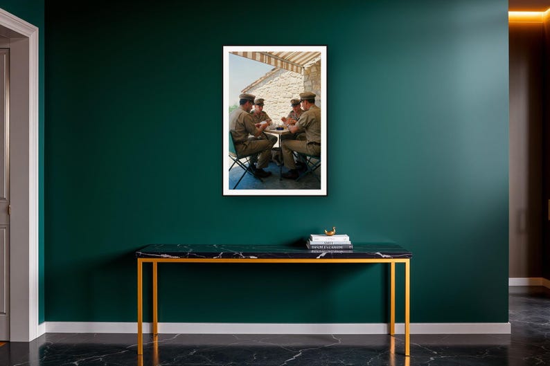 Military Wall Art art print on a brass and black console vignette