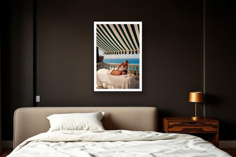 Massage Wall Art art print framed in a dark luxury bedroom