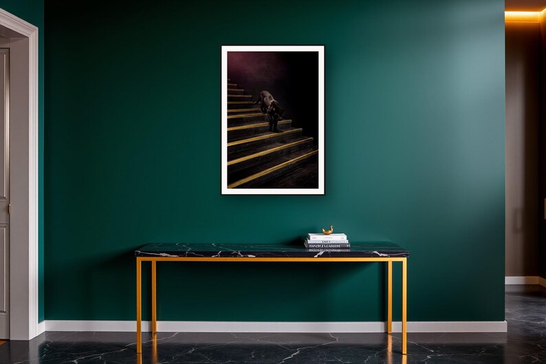 Black Panther Wall Art art print on a brass and black console vignette