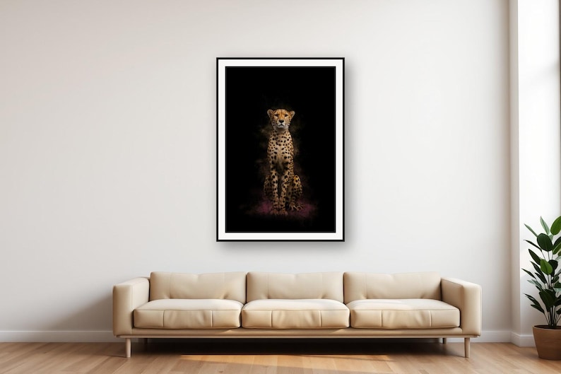 Cheetah Wall Art | Brass Rimmed Print, Black Gold Animal Decor (Digital Download) image 1
