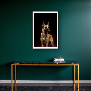 Belgian Malinois Wall Art art print on a brass and black console vignette