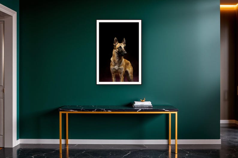 Belgian Malinois Wall Art art print on a brass and black console vignette