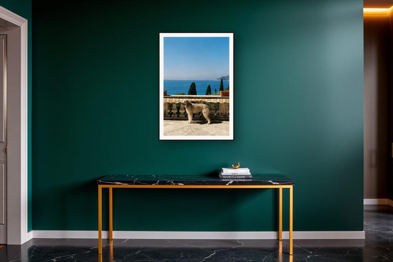 Afghan Hound Wall Art art print on a brass and black console vignette