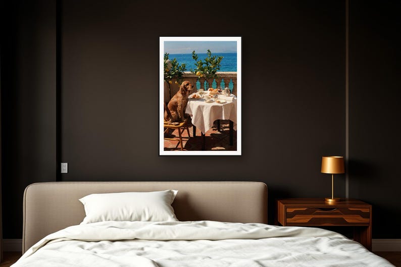 Cocker Spaniel Wall Art art print framed in a dark luxury bedroom