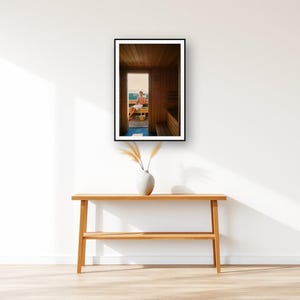 Sauna Wall Art art print displayed above an entry console table