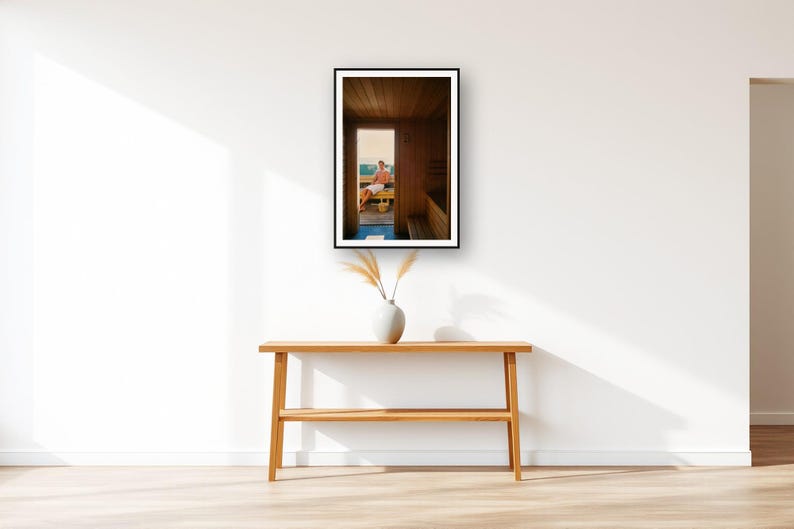 Sauna Wall Art art print displayed above an entry console table