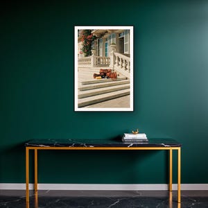 Home Gym Wall Art art print on a brass and black console vignette