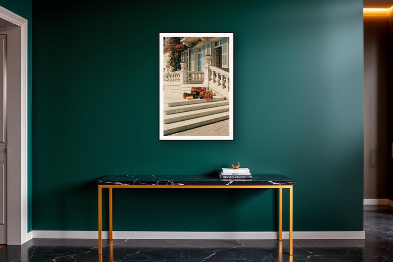 Home Gym Wall Art art print on a brass and black console vignette