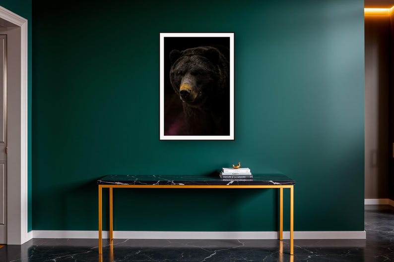 Bear Wall Art art print on a brass and black console vignette