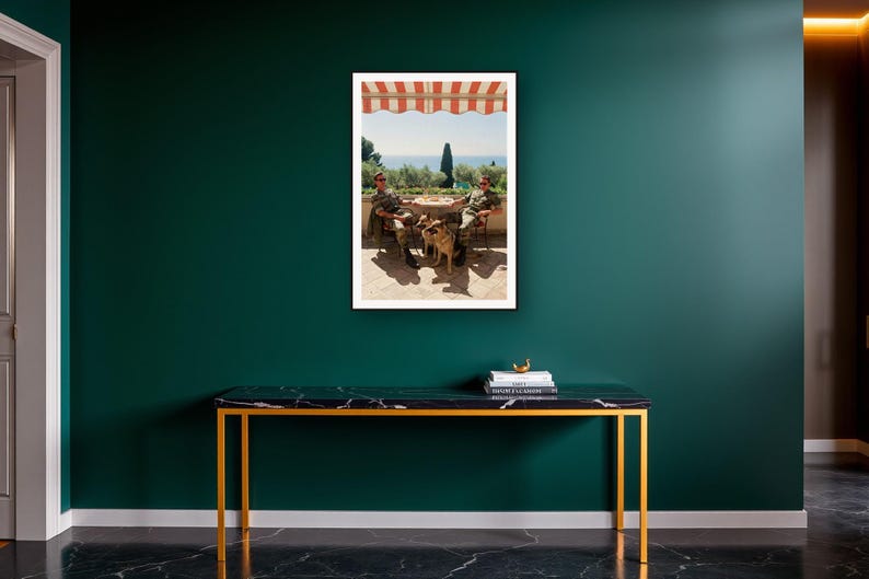 Military K9 Wall Art art print on a brass and black console vignette