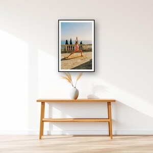 Yoga Wall Art art print displayed above an entry console table
