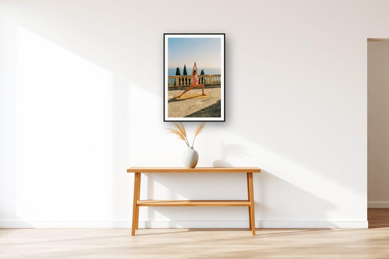 Yoga Wall Art art print displayed above an entry console table