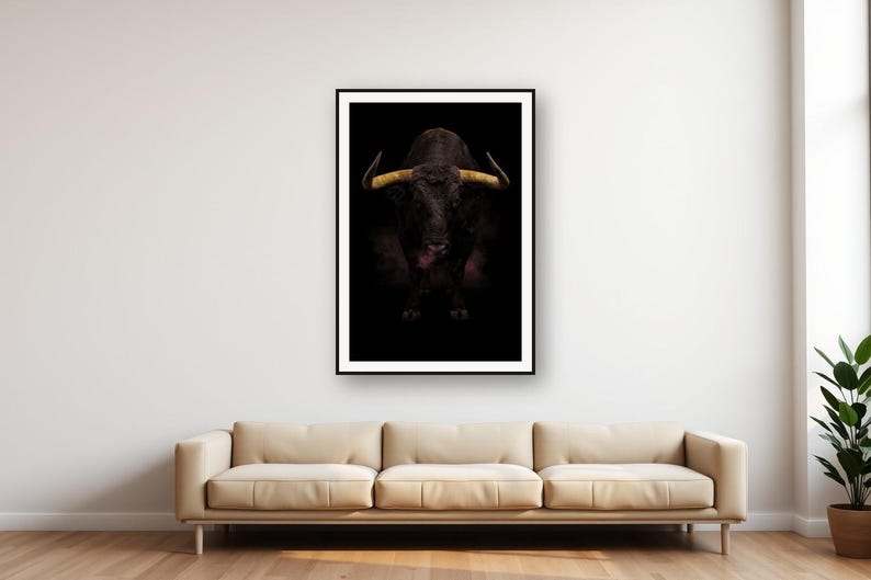 Bull Wall Art | Brass Horns, Black Gold Animal Print (Digital Download) image 1
