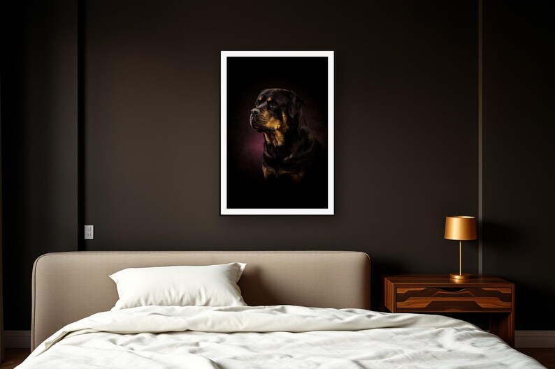 Rottweiler Wall Art II art print framed in a dark luxury bedroom