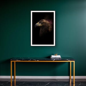 Eagle Wall Art II art print on a brass and black console vignette
