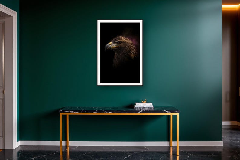 Eagle Wall Art II art print on a brass and black console vignette